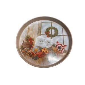 Vtg 1991 White Kittens on Quilt Round Metal Decorative Serving Tray Giordano